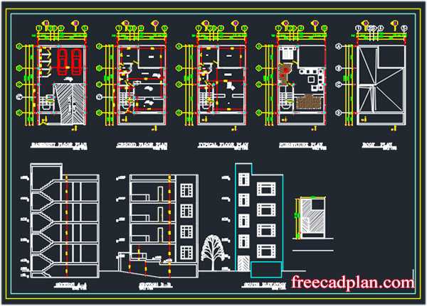4 Story House Plan dwg file 11.5 * 7 m - free cad plan