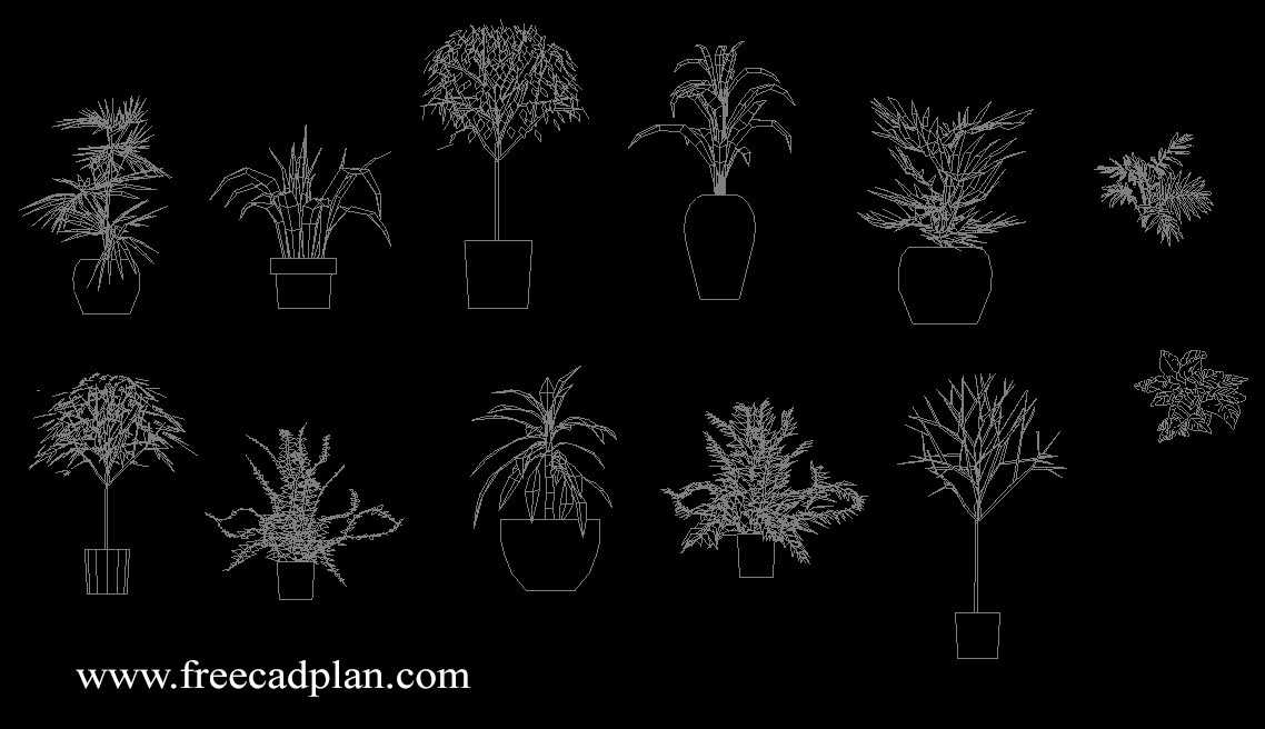 plants in pot 2d cad block