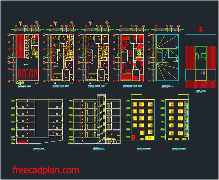 Apartment dwg , 5 storeys, 2 units per floor (10*20m) - free cad plan