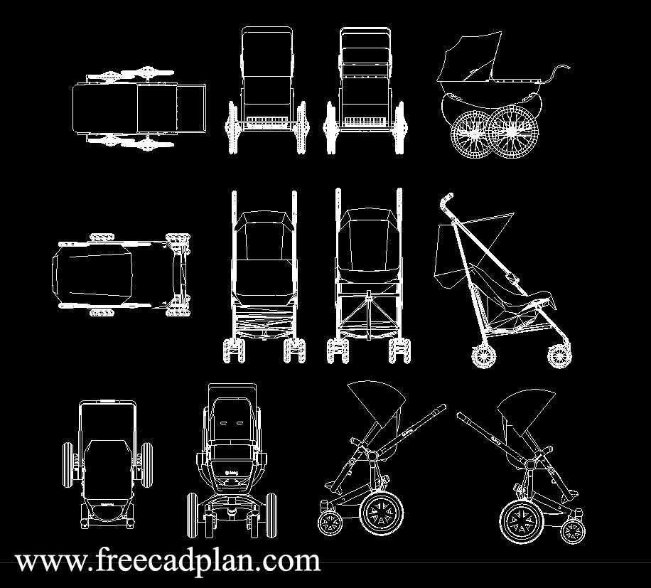 baby stroller dwg cad block