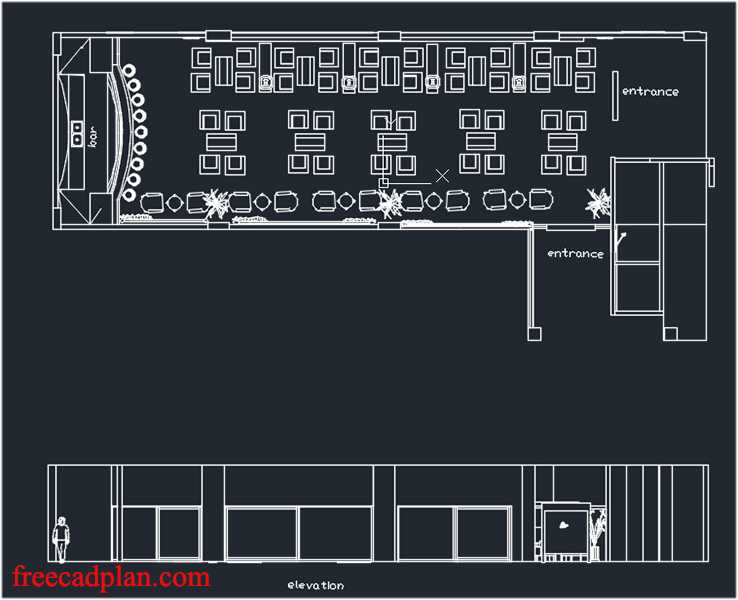 Cafe bar dwg floor plan and elevation free cad plan